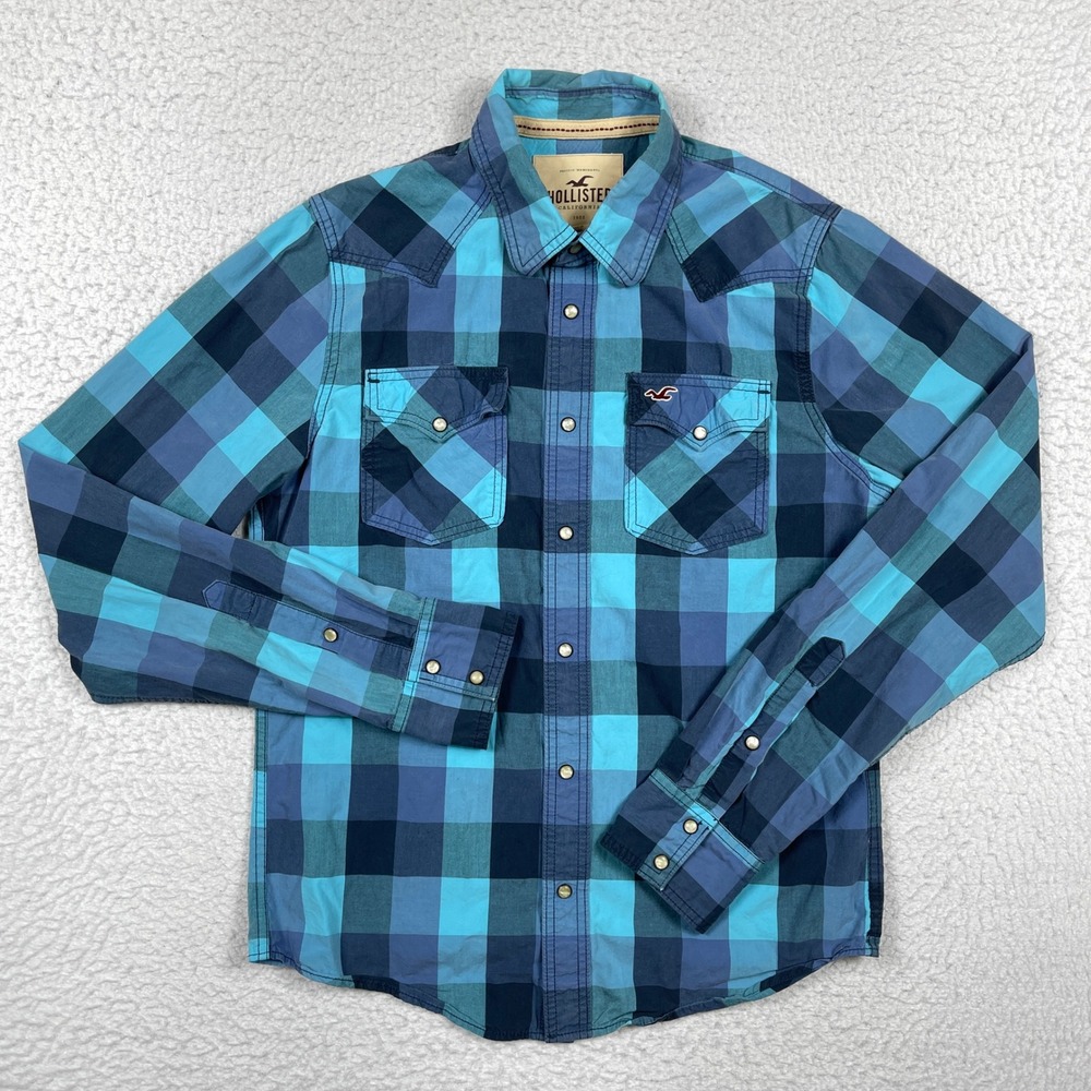 Hollister Button Down Mens L Blue Plaid Western Snap Shirt Coastal Indie Cowboy